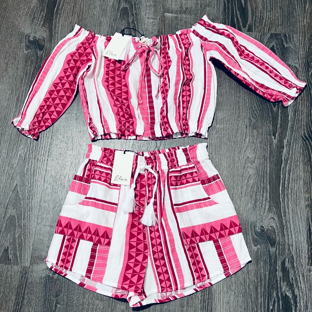 ELAN***Pink/White Cropped Off-Shoulder Top + Shorts SET**Sm. NWT! - Picture 2 of 3